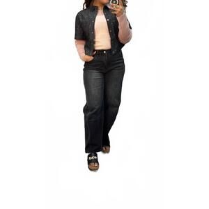 NEW COZY CO. rhinestone denim short sleeve shrug top in black